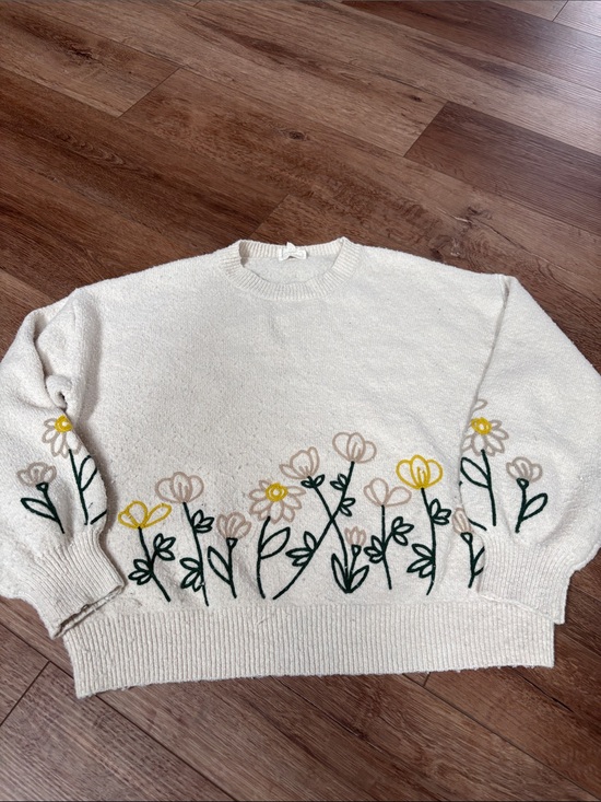 BiBi Sweaters - BiBi Cream Crewneck Sweater with Yellow & Green Floral Embroidery